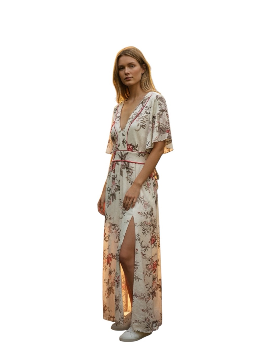 Flying Tomato Cream Dress Green Tan Floral Print Red Piping Size S